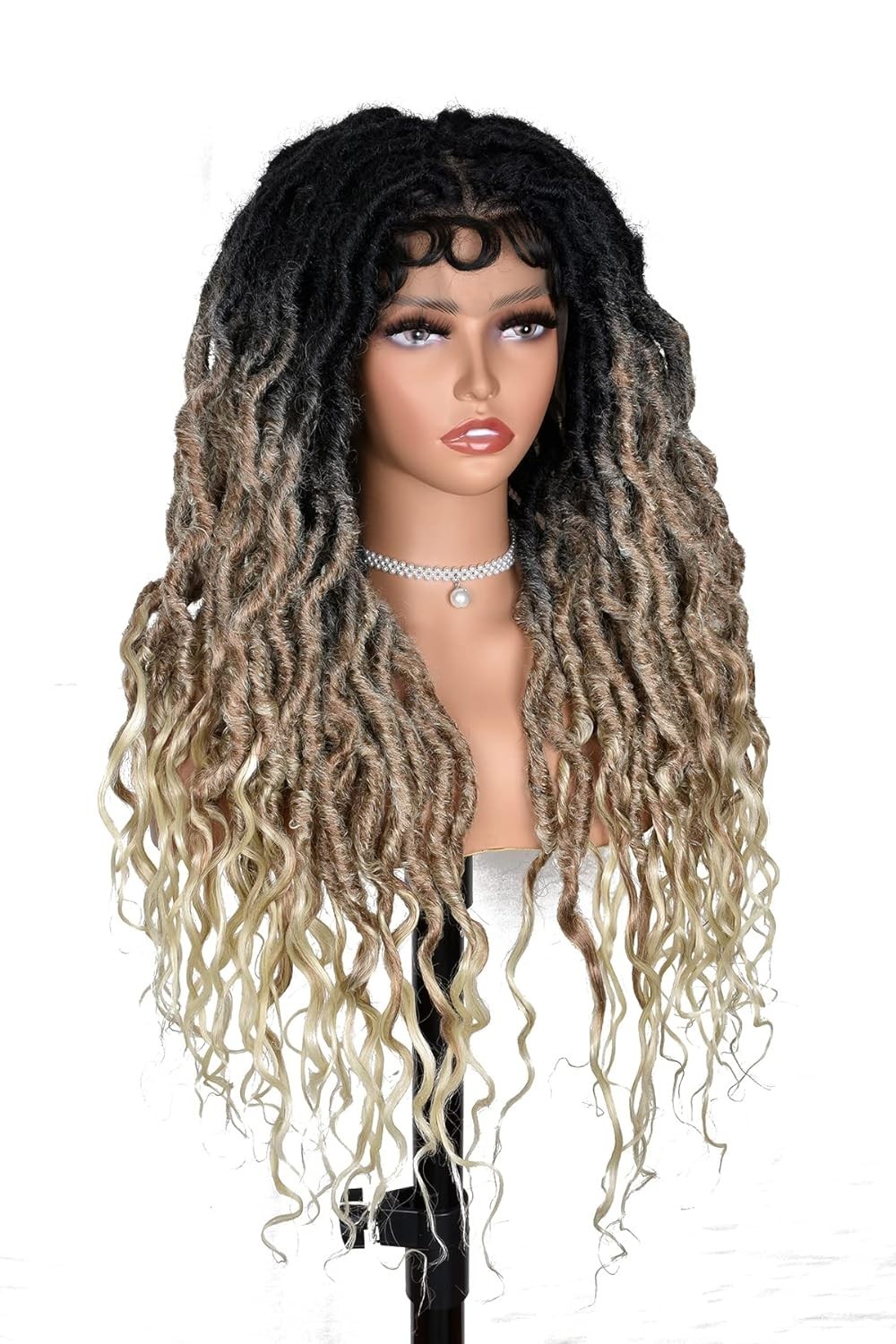 Black Blonde Curly Faux Locs Wig Lace Front Goddess Braids Baby Hair