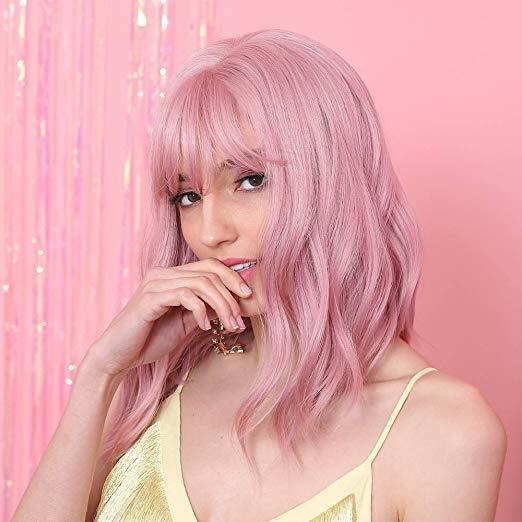 Women Girls Pink Bob Wig with Bangs Short Wavy Pink Bob Wig Synthetic Bob Wig US