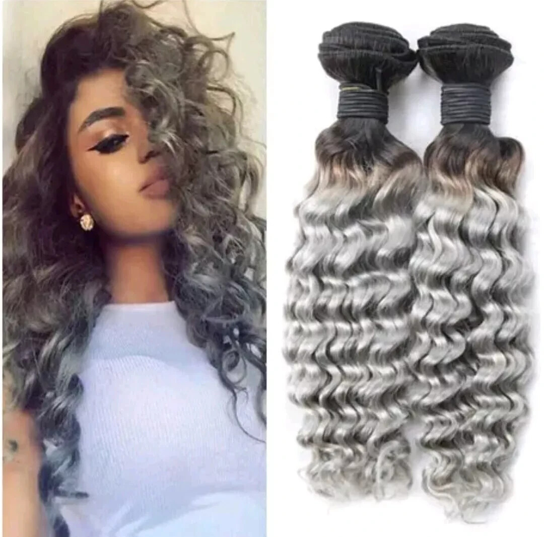 12A BRAZILIAN HUMAN HAIR DEEP WAVES 12+12INCH 2BUNDLES 200g 1b#/SILVER GREY ROOT
