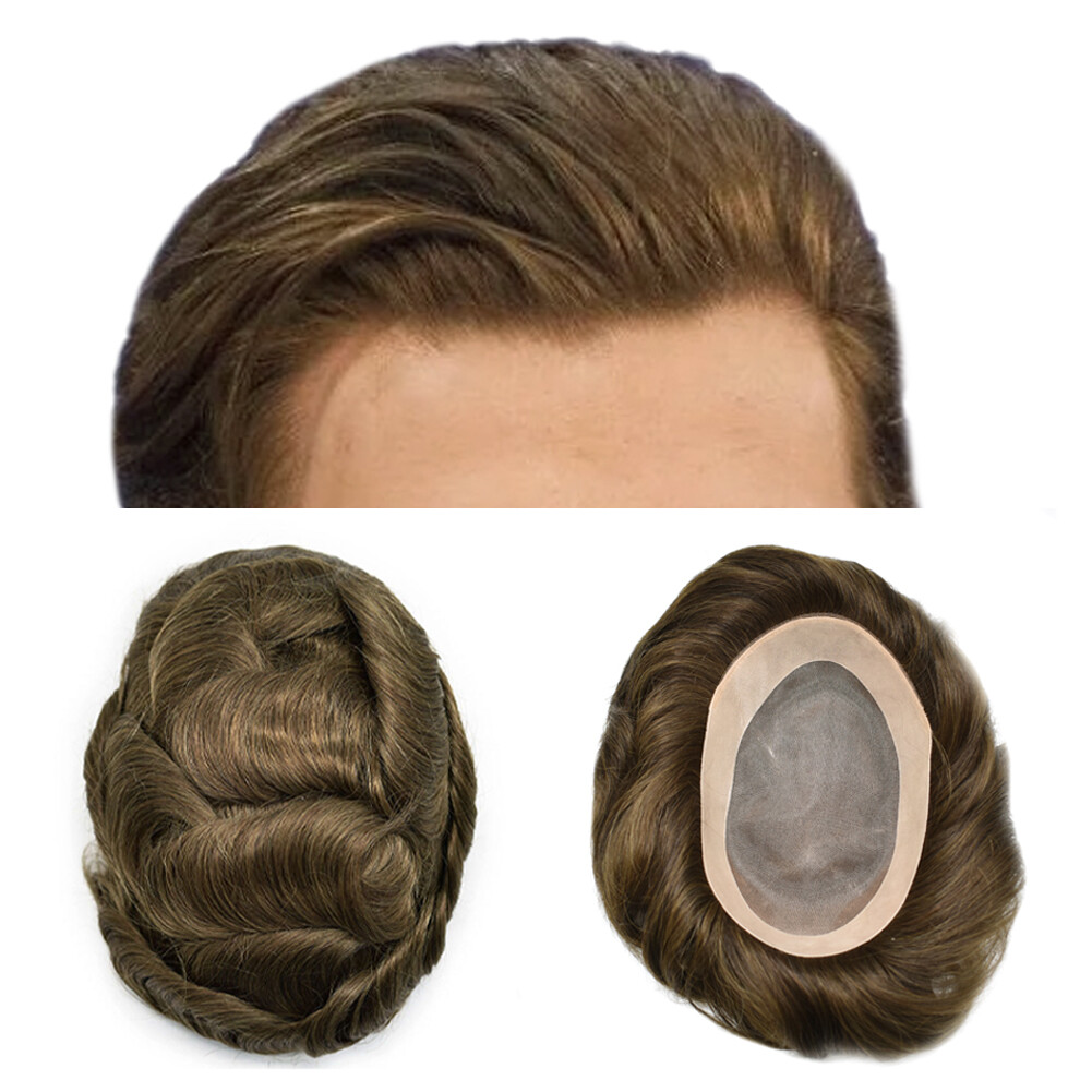 Mens Toupee For Men 100%Human Hair Replacements Fine Mono Poly Around Hairpieces