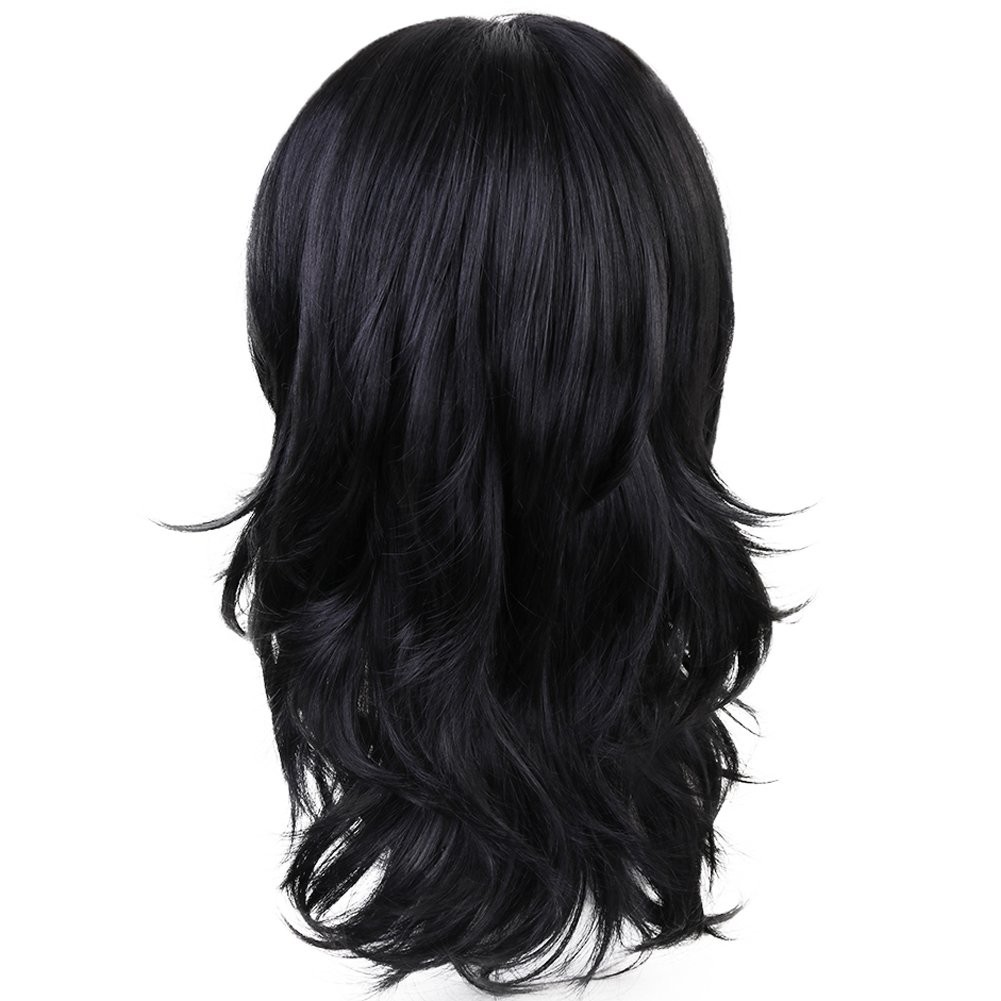 17in Black Long Wavy Wig with Bangs Mens Black Medium Length Wigs