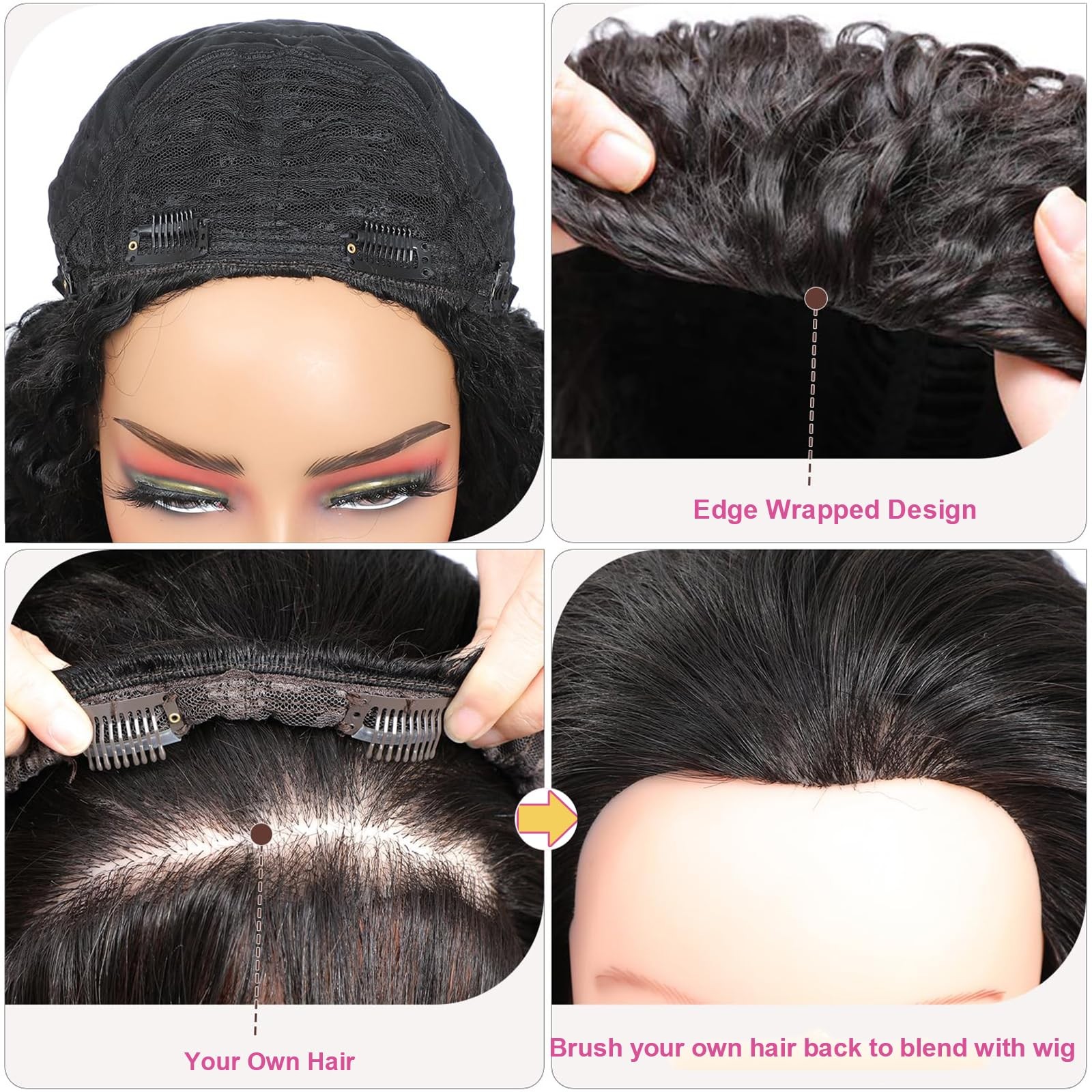 Long Burmese Curly Half Wigs for Black Women, 3 in 1 Glueless Wear and Go Protei
