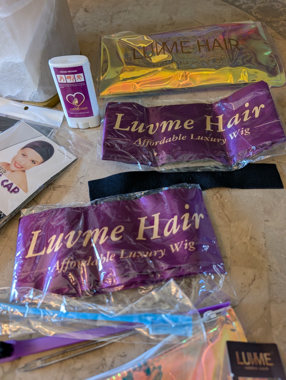 LUVME Assorted Accessories With 3 12″ Human Hair Clip In Extensions, Net Caps
