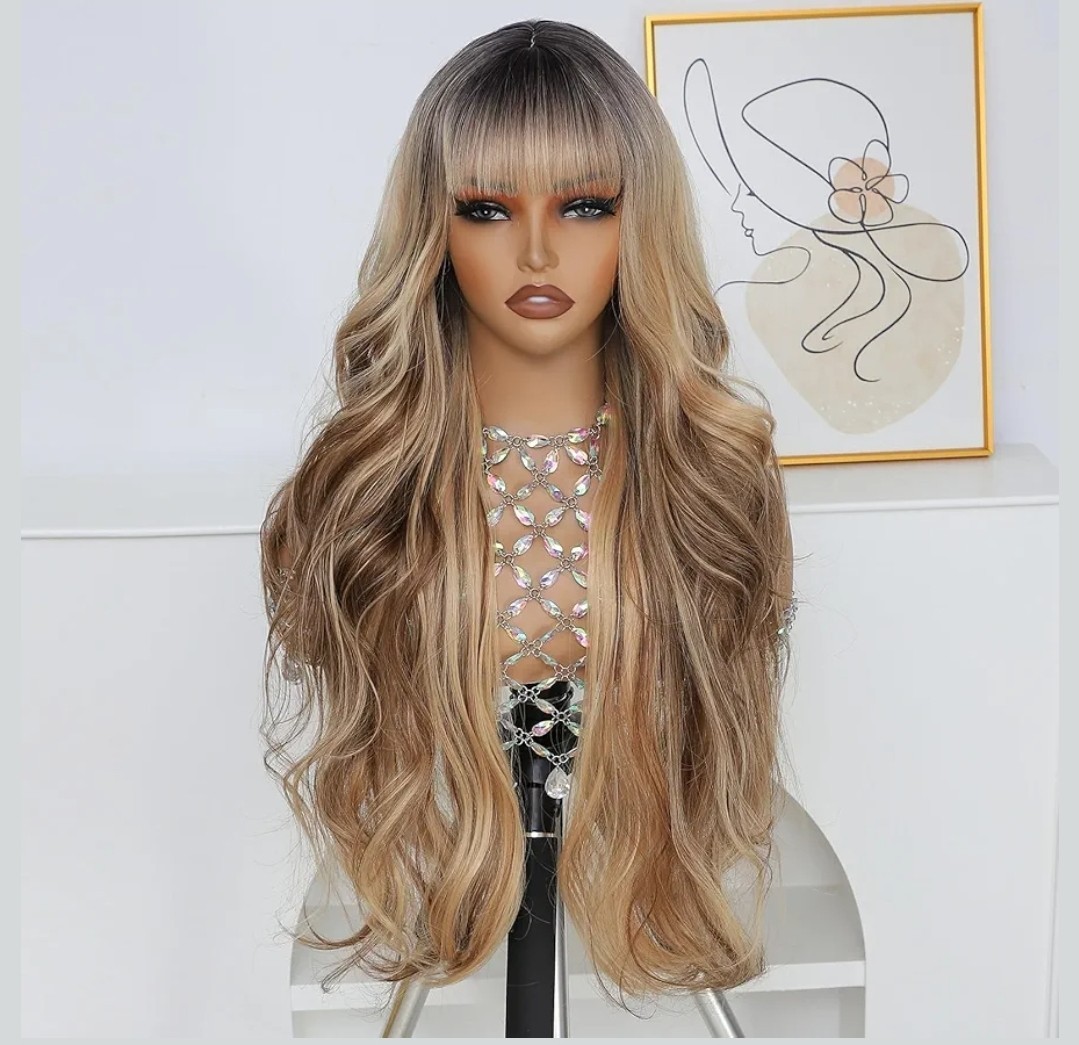 Long Platinum Blonde Dark Brown Balayage Wig – Human Hair Blend Multicolor