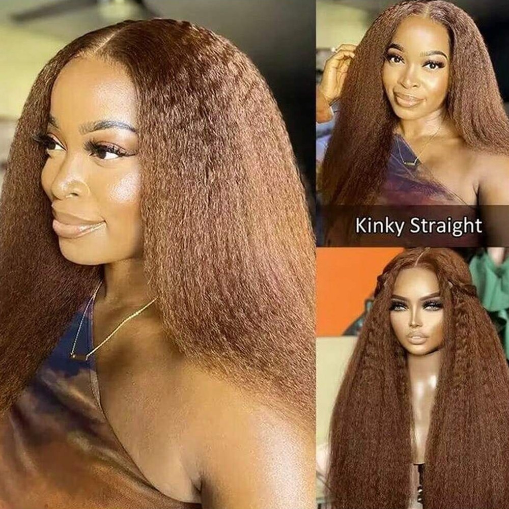 Kinky Straight Brown Hair Blonde Highlights Lace Front Wigs Glueless Natural Wig