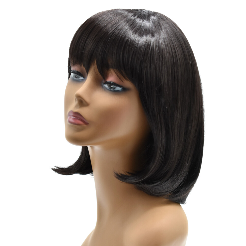 Women Bob Wigs with Bangs Natural Look Premium Synthetic Short Black Brown Hair
