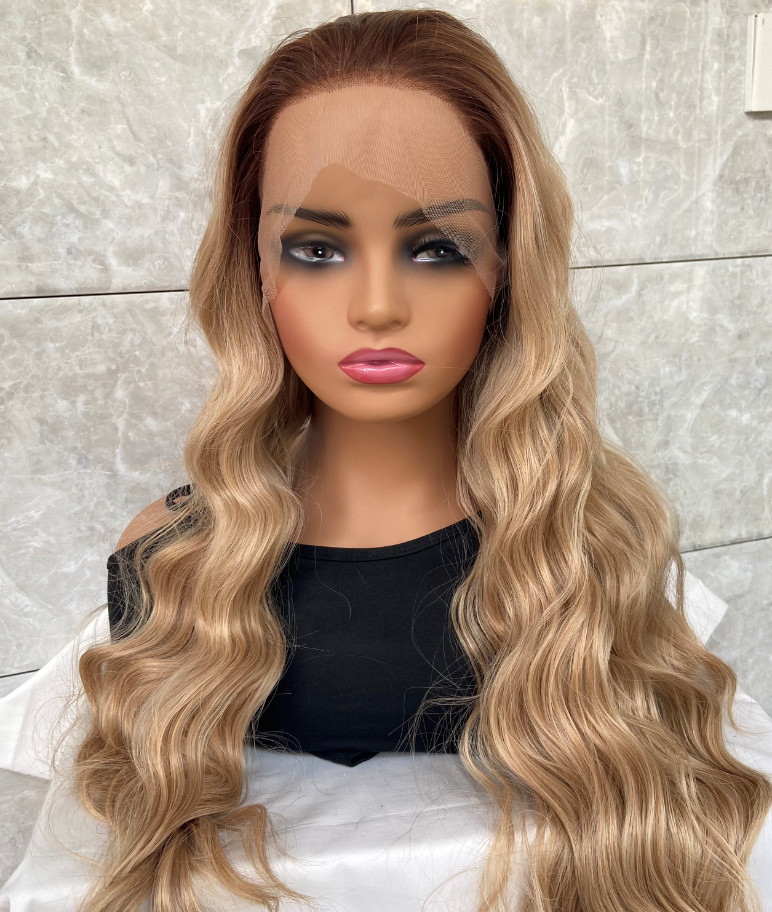 Long Wavy Rooted Blonde Mix Lace Front Synthetic Hair Wigs Women Soft Natural