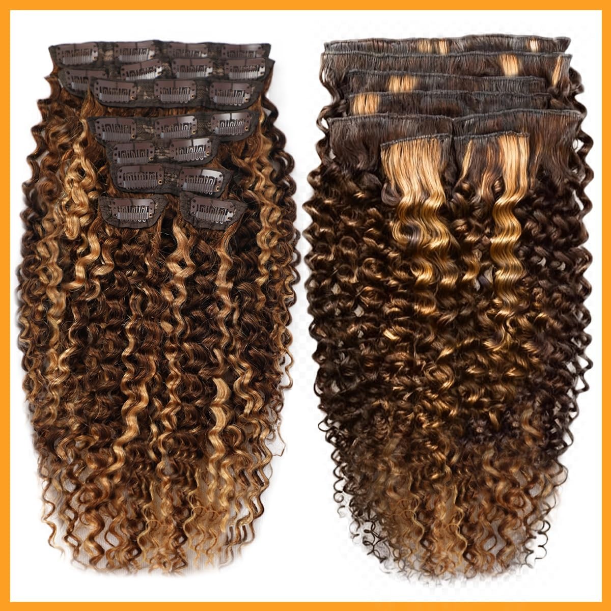 Aqifai Highlight Ombre Honey Blonde 4/27 Kinky Curly Clip Ins 12 Inch 110G 8Pcs