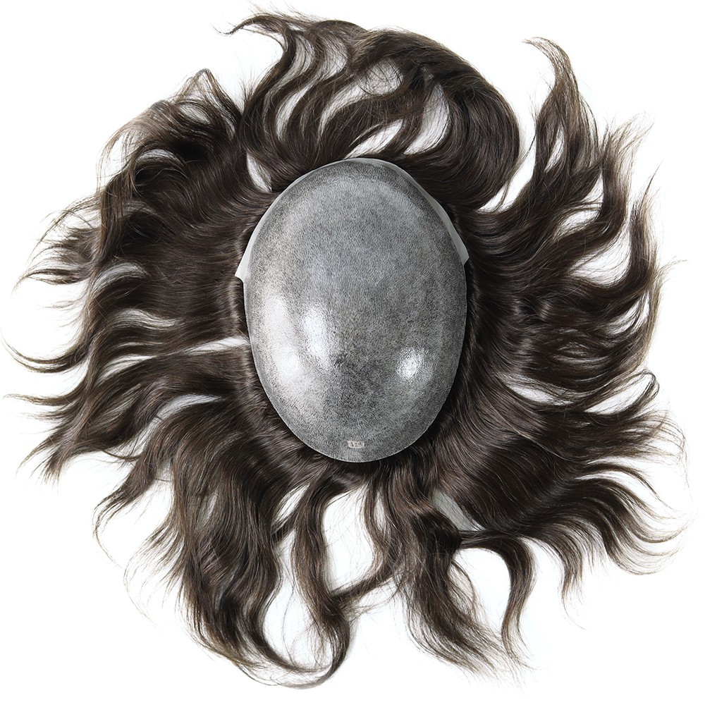Mens Toupee Full Poly Skin Injected PU Human Hair System Replacement Wig for Men