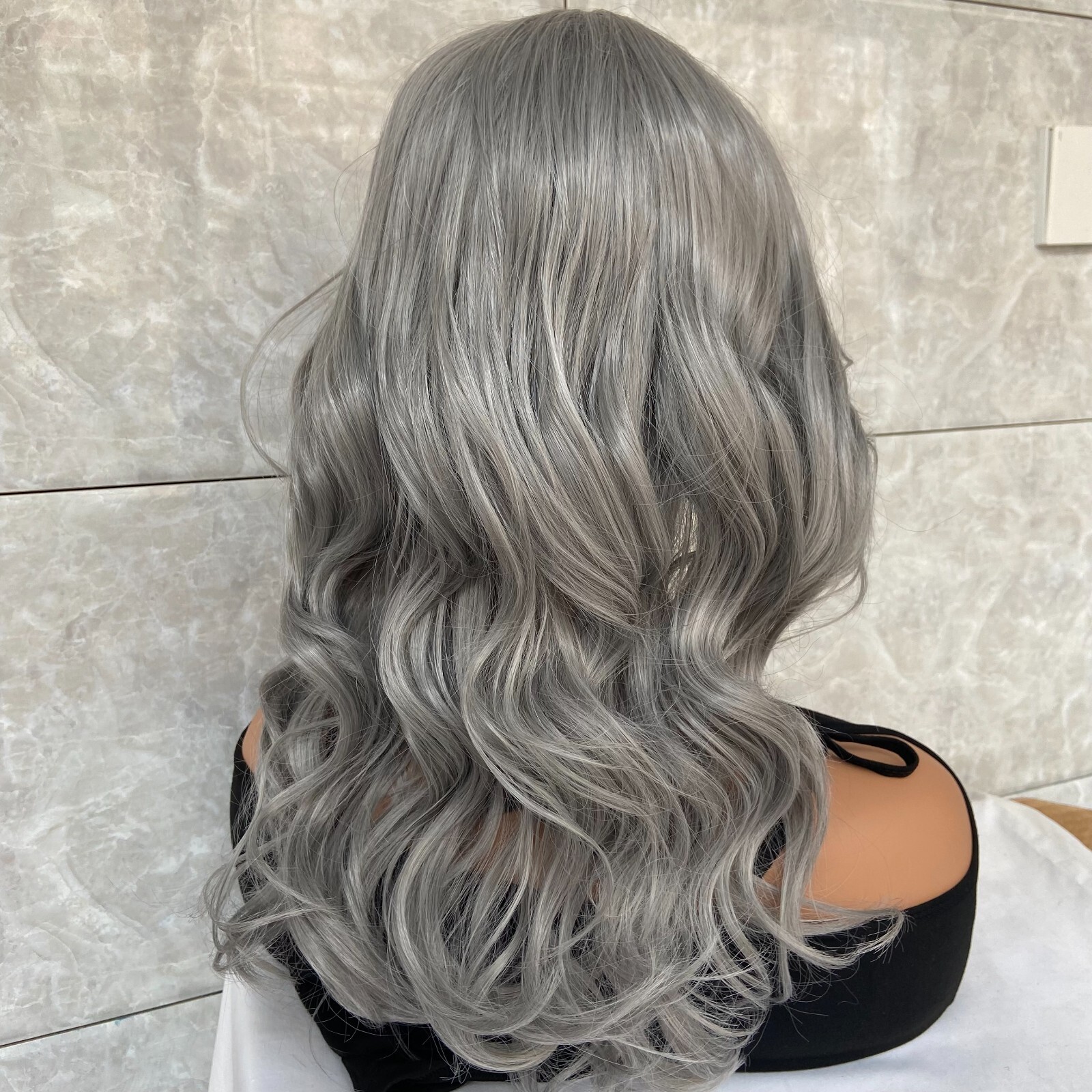 Long Wavy Soft Human Hair Blend Heat Ok Wigs Women Grandma Gray Natural