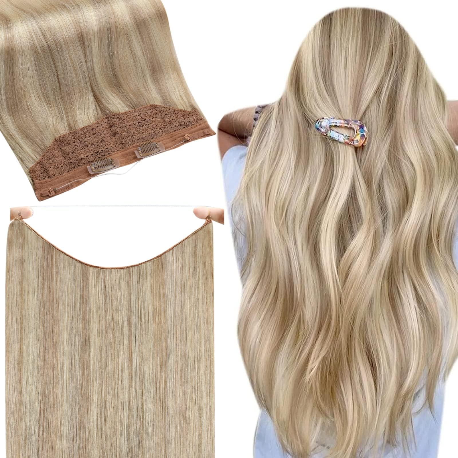 Fshine 16 Inch Ash Blonde Highlight Real Human Hair Wire Extensions 18P613
