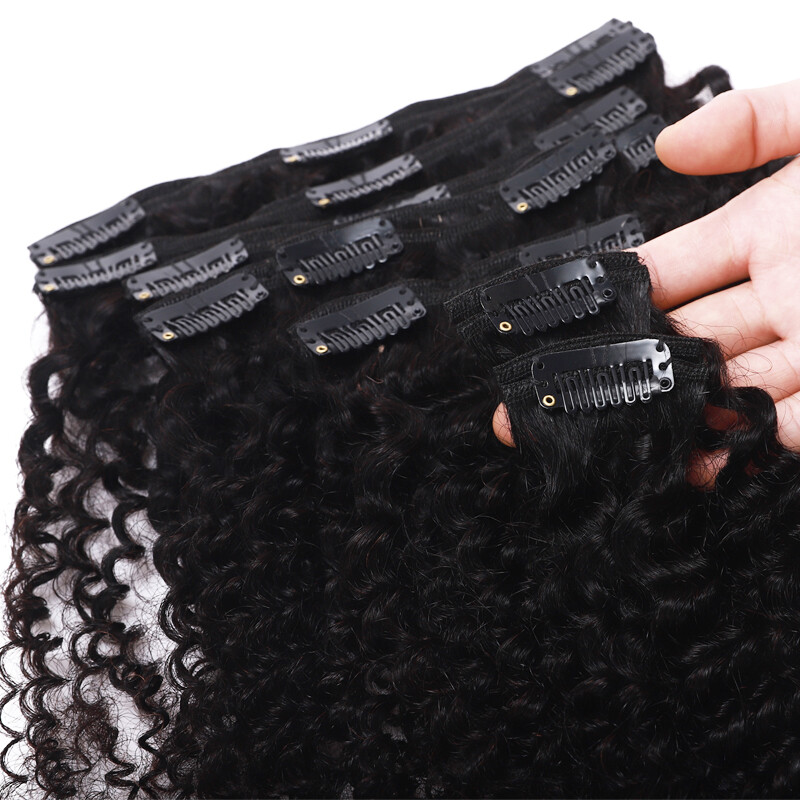 Afro Kinky Straight Thick Clip in Human Hair Extensions Full Head Double Wefted
