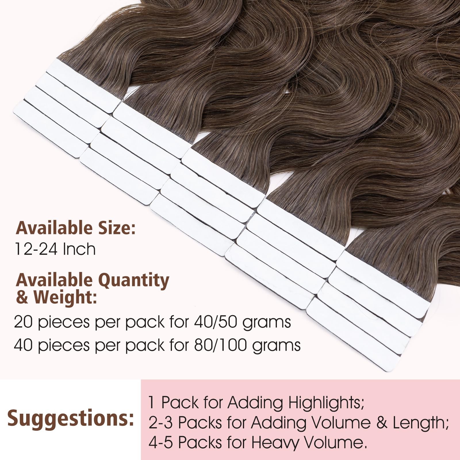 Hairro Tape In Hair Extensions Body Wave Human Hair 100G 40Pcs 18 Inch Cocoa