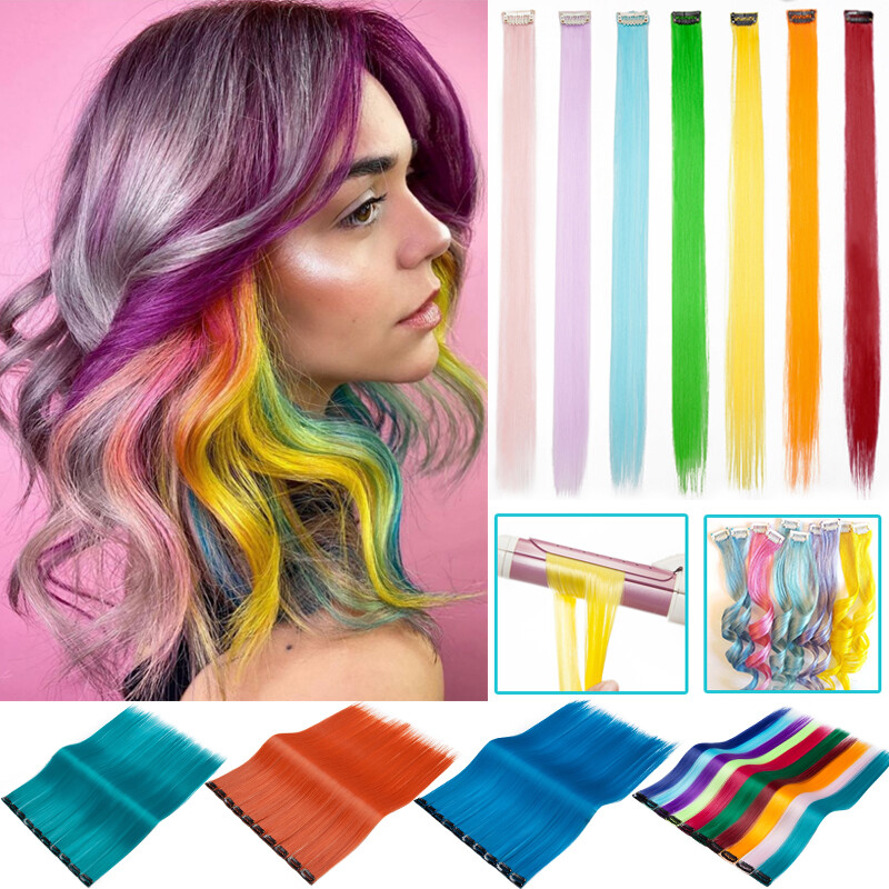 Colored Streaks Strands Rainbow Hair Extensions Clip In Long Wavy Straight Piece