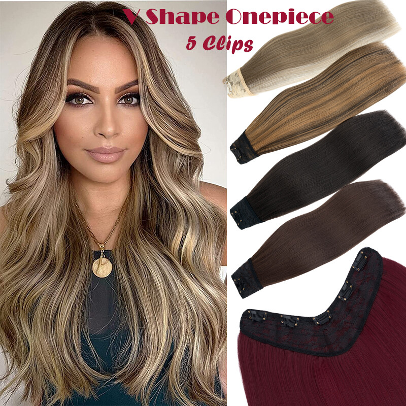 US V-Shape One Piece Clip In Hair Extensions Real As Human 3/4 Full Head Thick