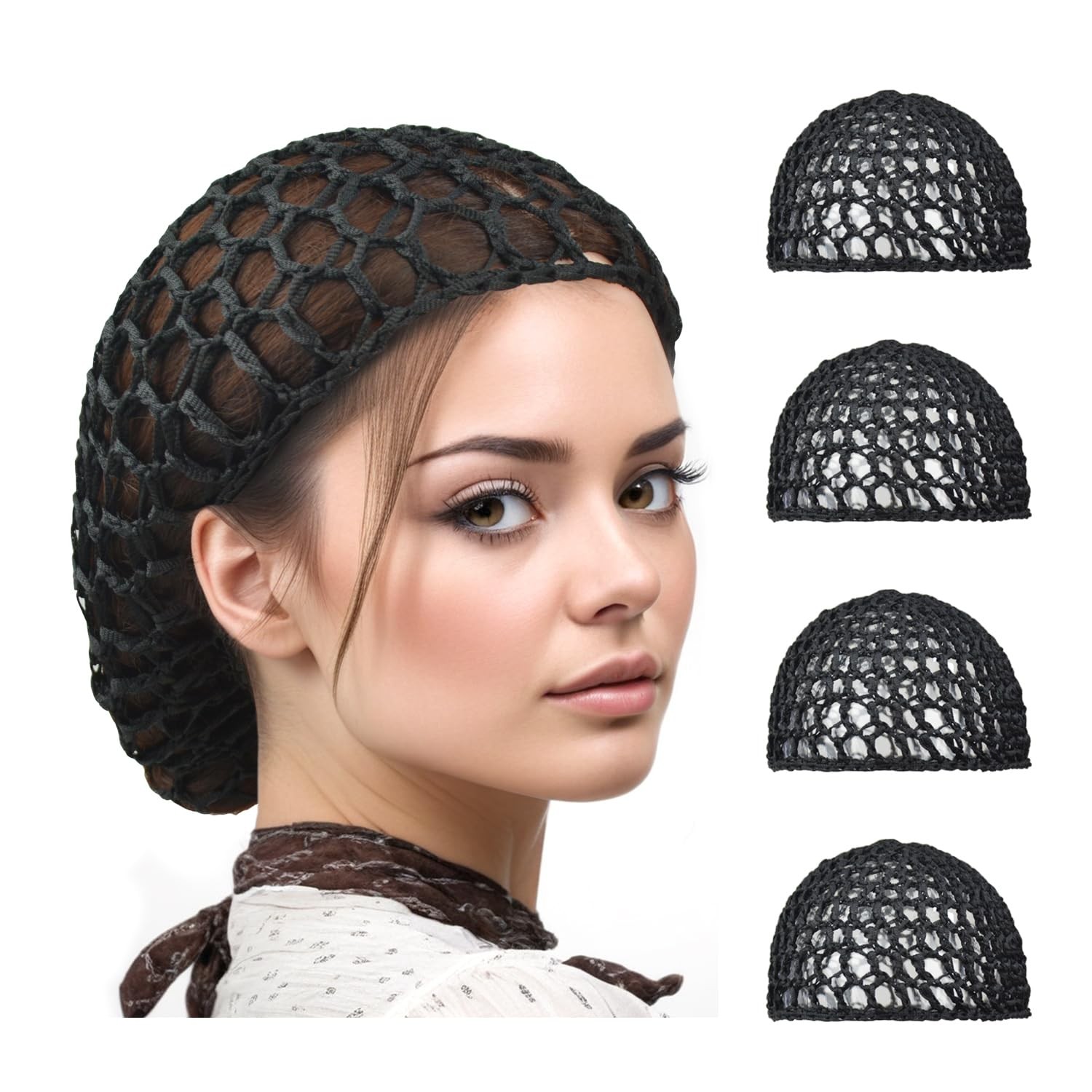 4 Pieces Black Wig Cap Mesh Hair Nets Crochet Hair Net Rayon Knit Snood Sleep…
