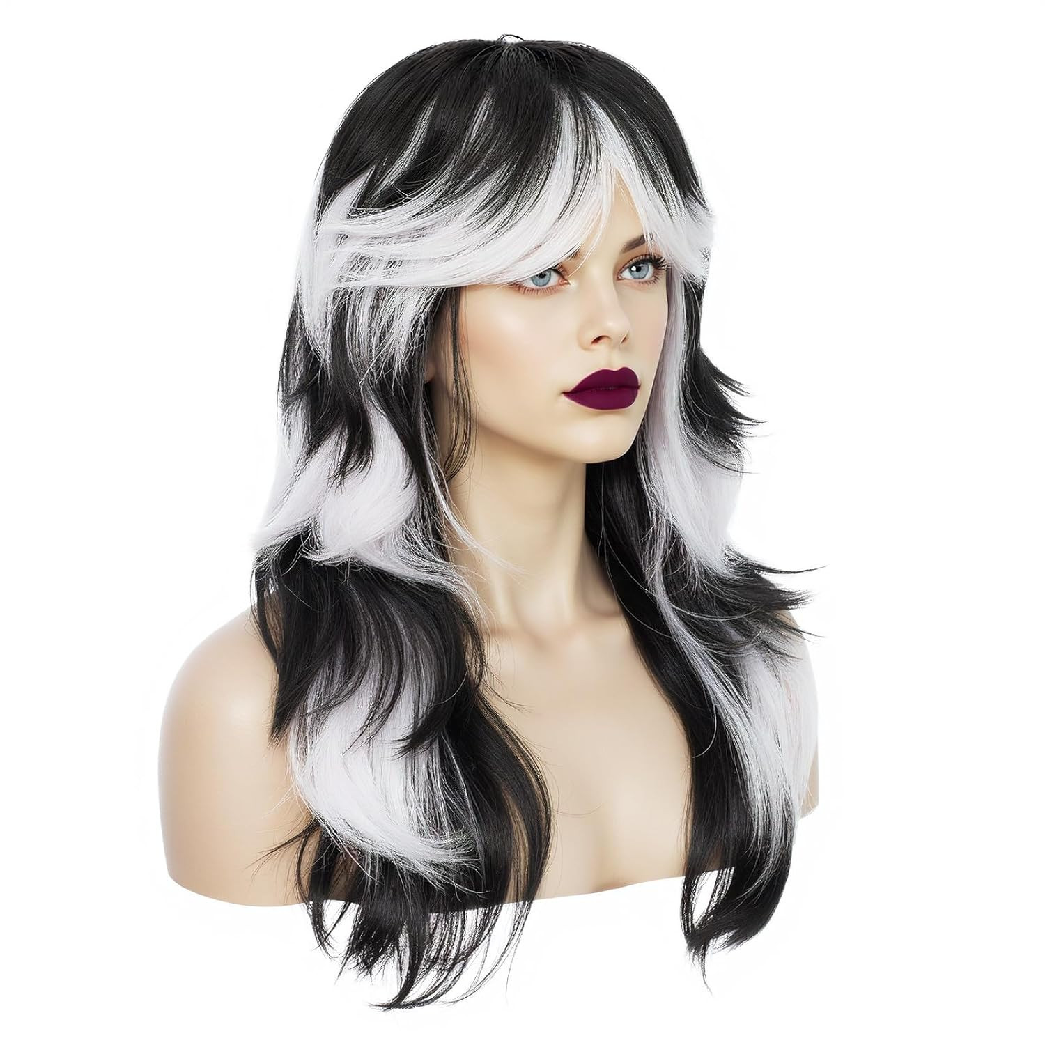 Black and White Wig Long Black White Gradient Wavy Wigs Layered Wolf Cut Vampire