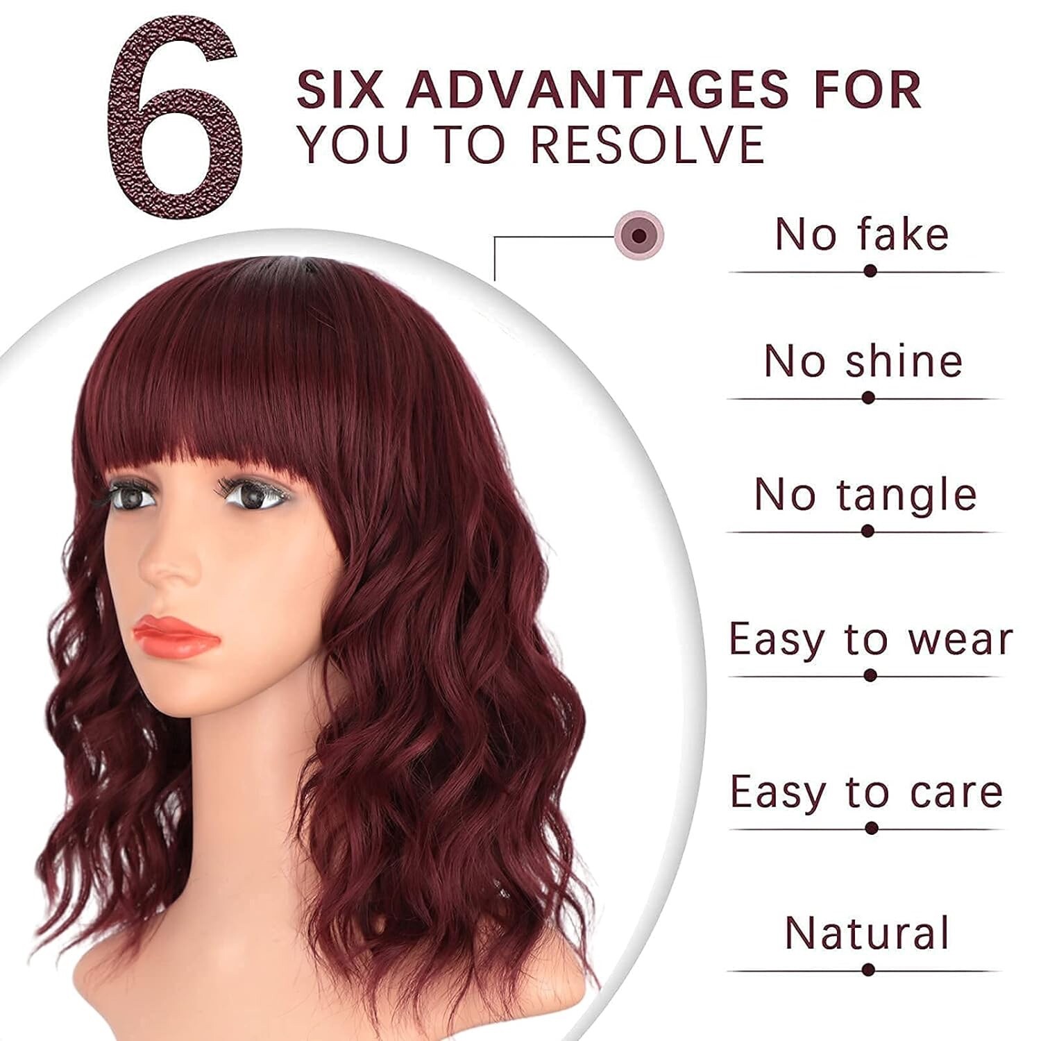 Stamped Glorious Wine Red Wigs -Women Synthetic Shoulder Length Wig with Bang