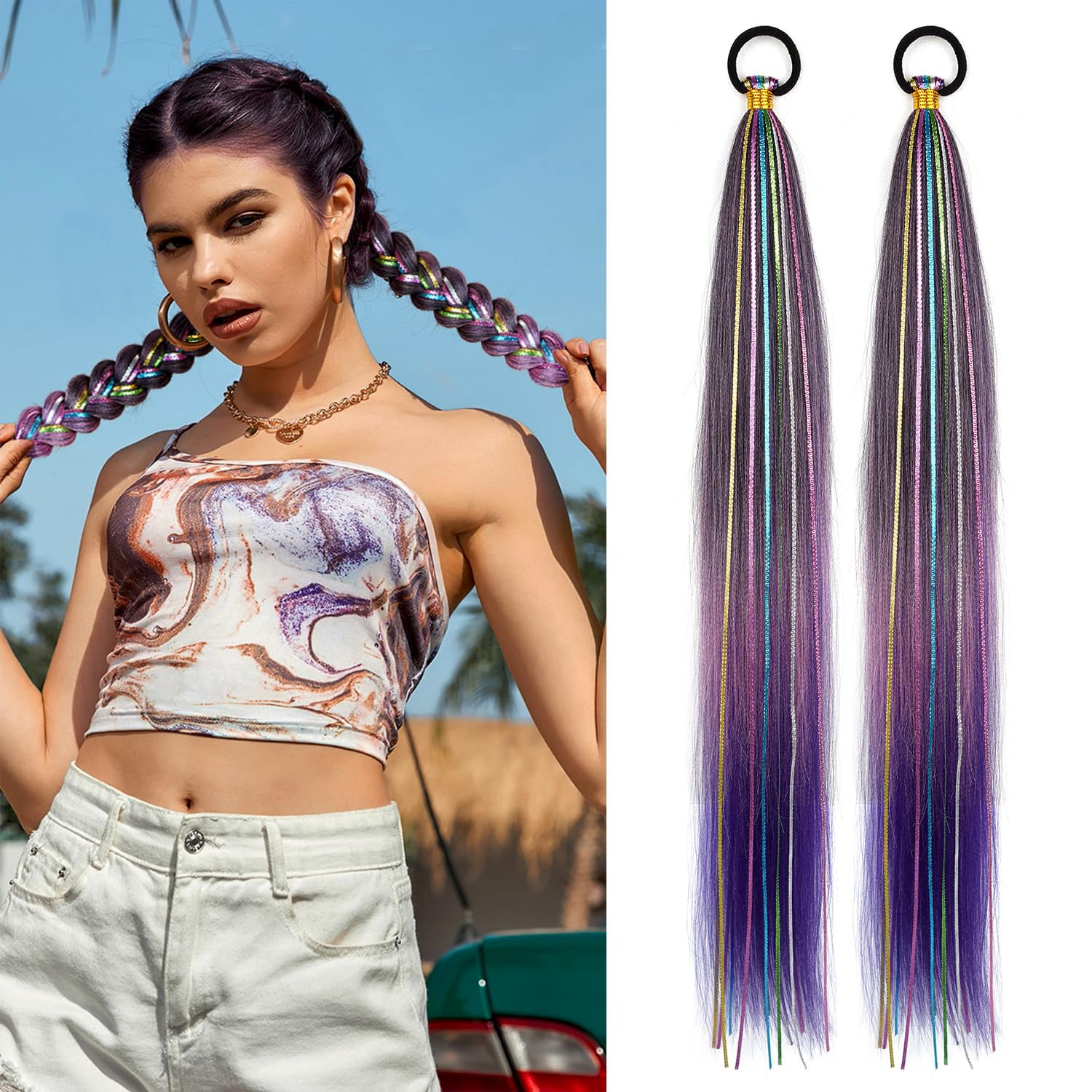 2 Pack Braid Ponytail Extension with Elastic Tie Straight Sleek Wrap Around Brai