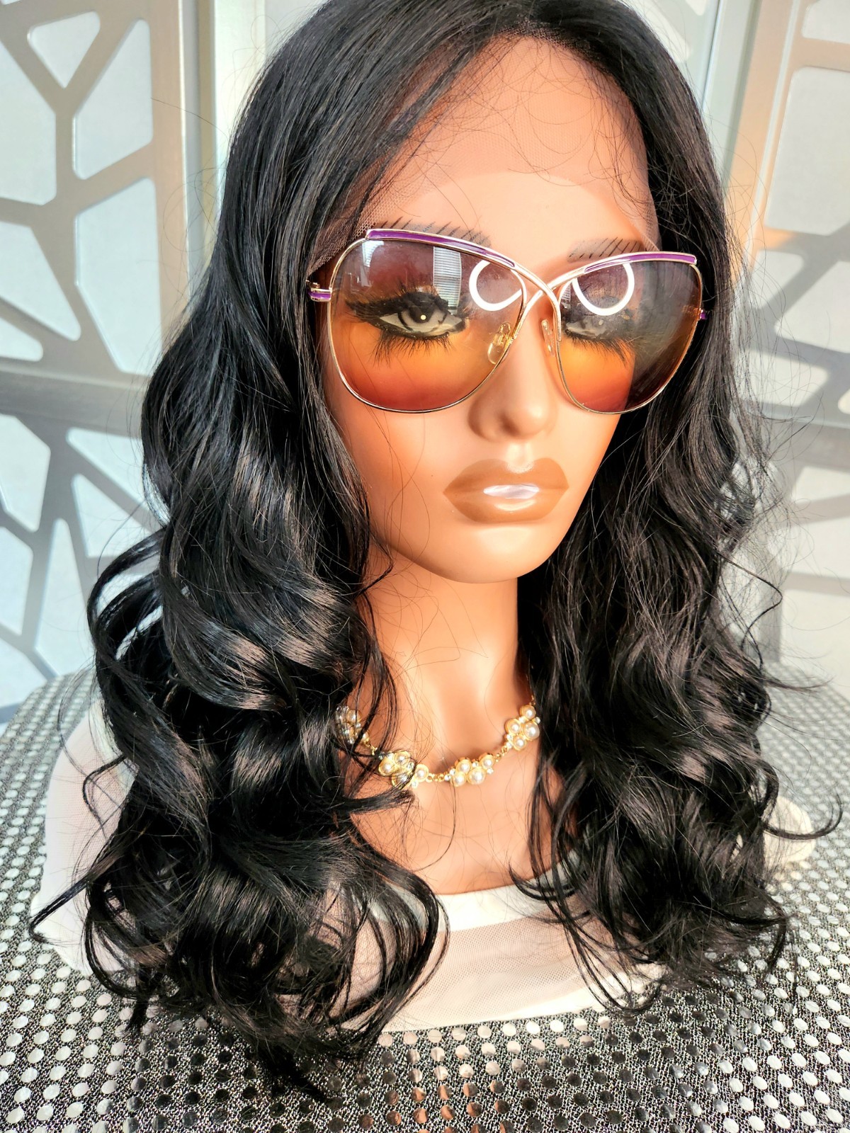Curly Black Wig Human Blend Loose Wave Free Parting 13×4 Lace Front Wig Glueless