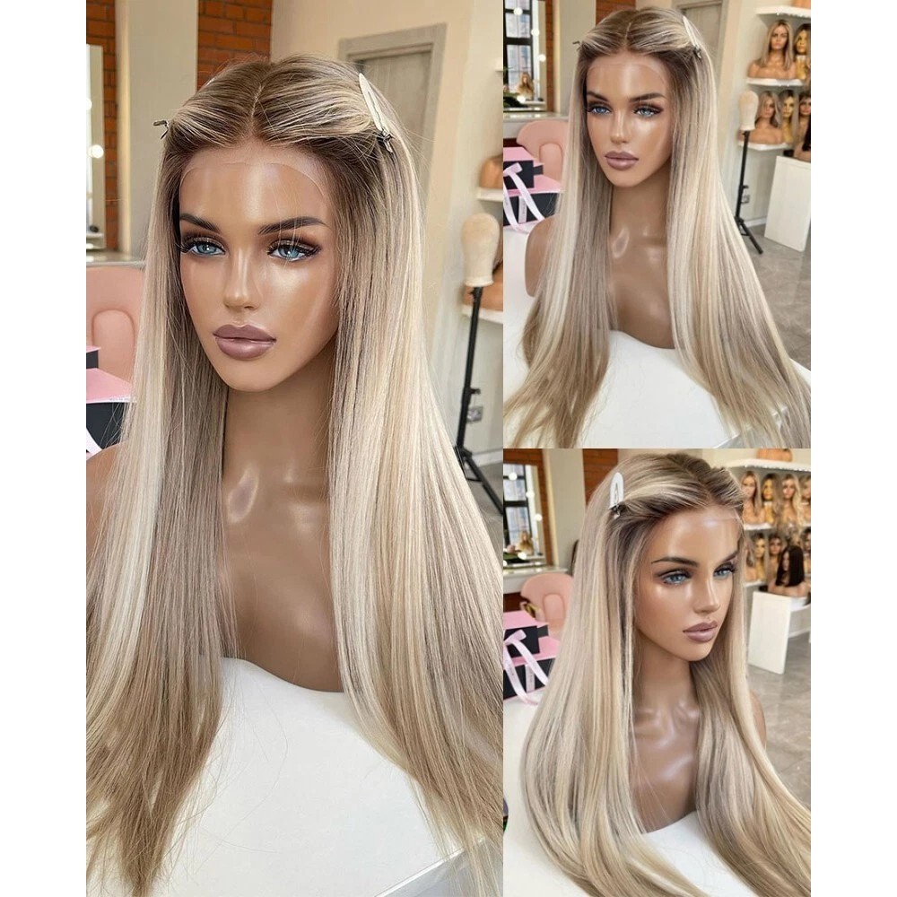 Heat Resistant Synthetic Hair Long Straight Lace Frontal Wig Women Ombre Blonde
