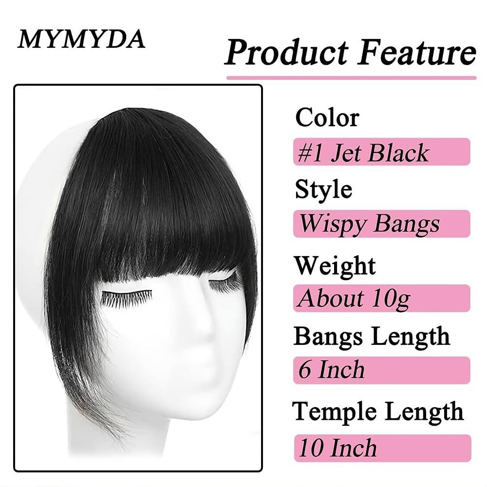 Straight Clip in Bangs Jet Black Color Human Hair Wispy Bang Extensions 6 inch