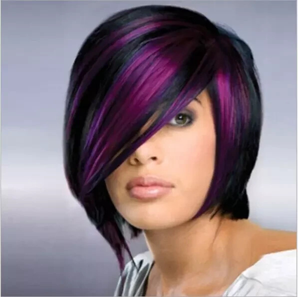 Short Straight Bob Wigs Black Purple Mixed Wig Side Bangs Synthetic Hair Wig