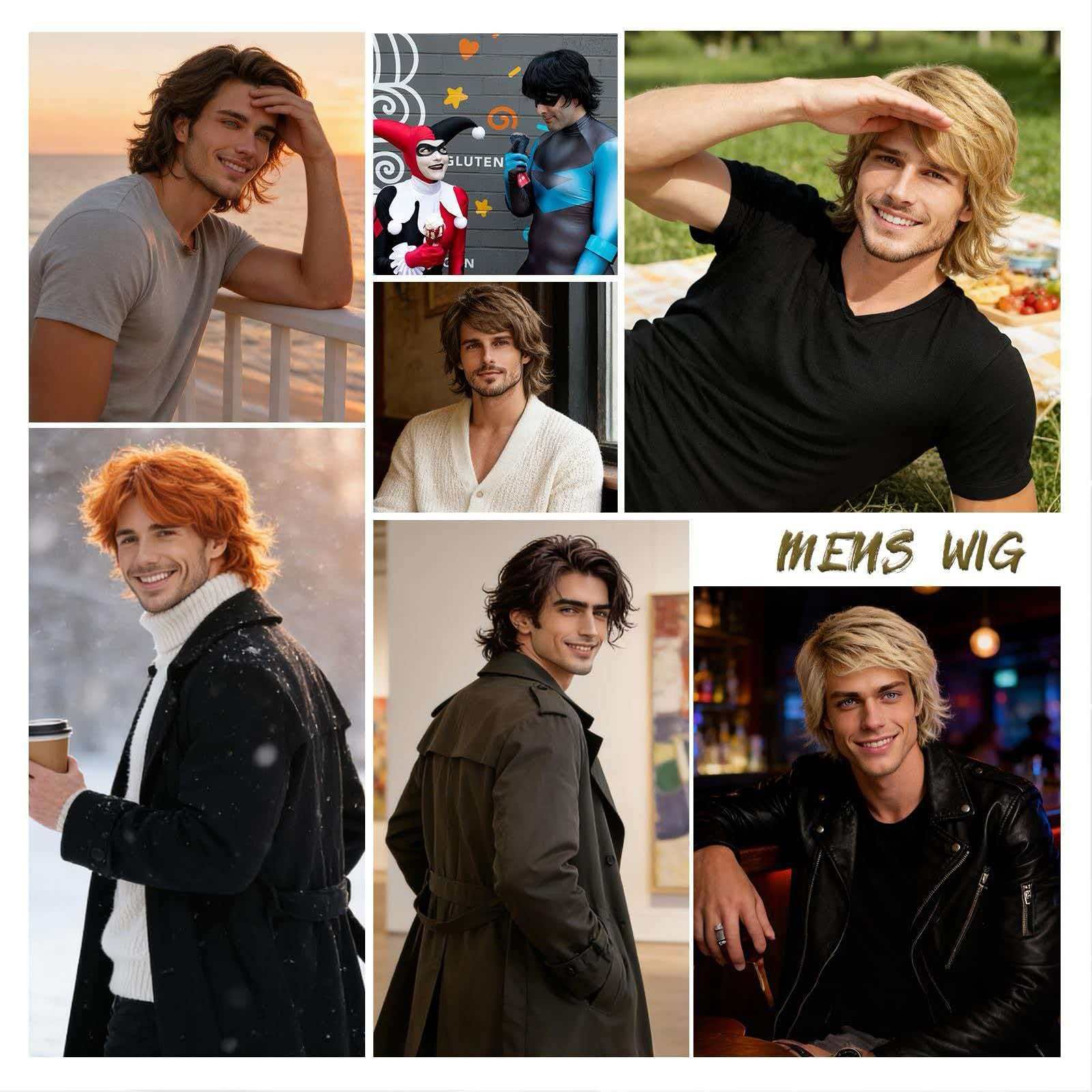 Men’s Short Brown Wavy Wig 8in Full Cosplay Heat Resistant Synthetic Party Daily