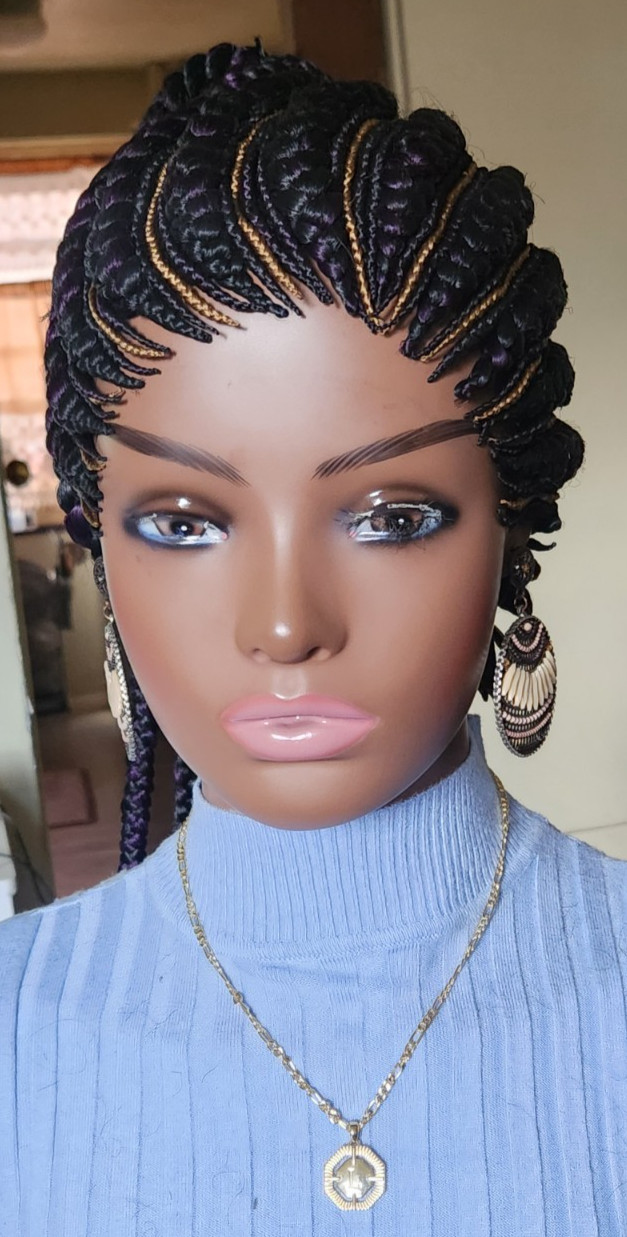 Fully Hand Braided box braid cornrow wig poney tail libre 1B mixt Dark purple/27