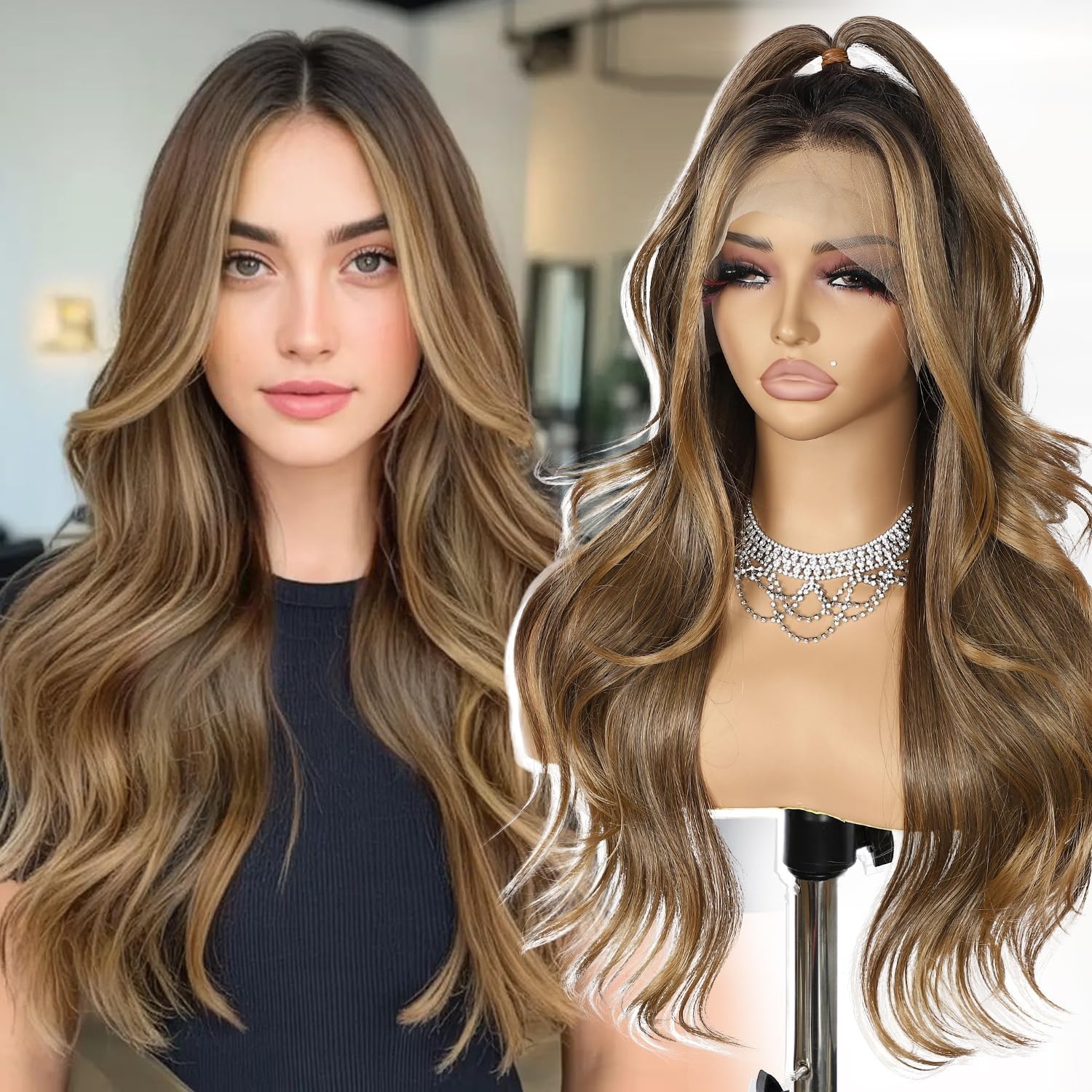 LACE FRONT WIG HUMAN HAIR BLENDED BODYWAVE BROWN