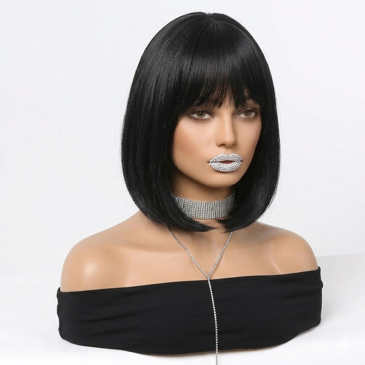 Cosplay Wig With Bangs Layered Black Synthetic Hair Heat Resistant Bob Straight