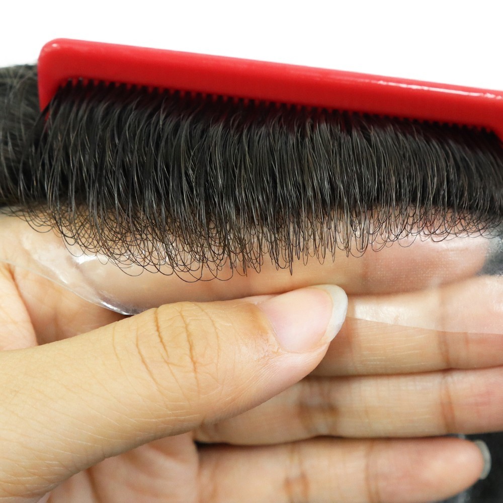 Ultra Thin Skin Mens Toupee Human Hair Replacement System Hairpieces Dark Brown