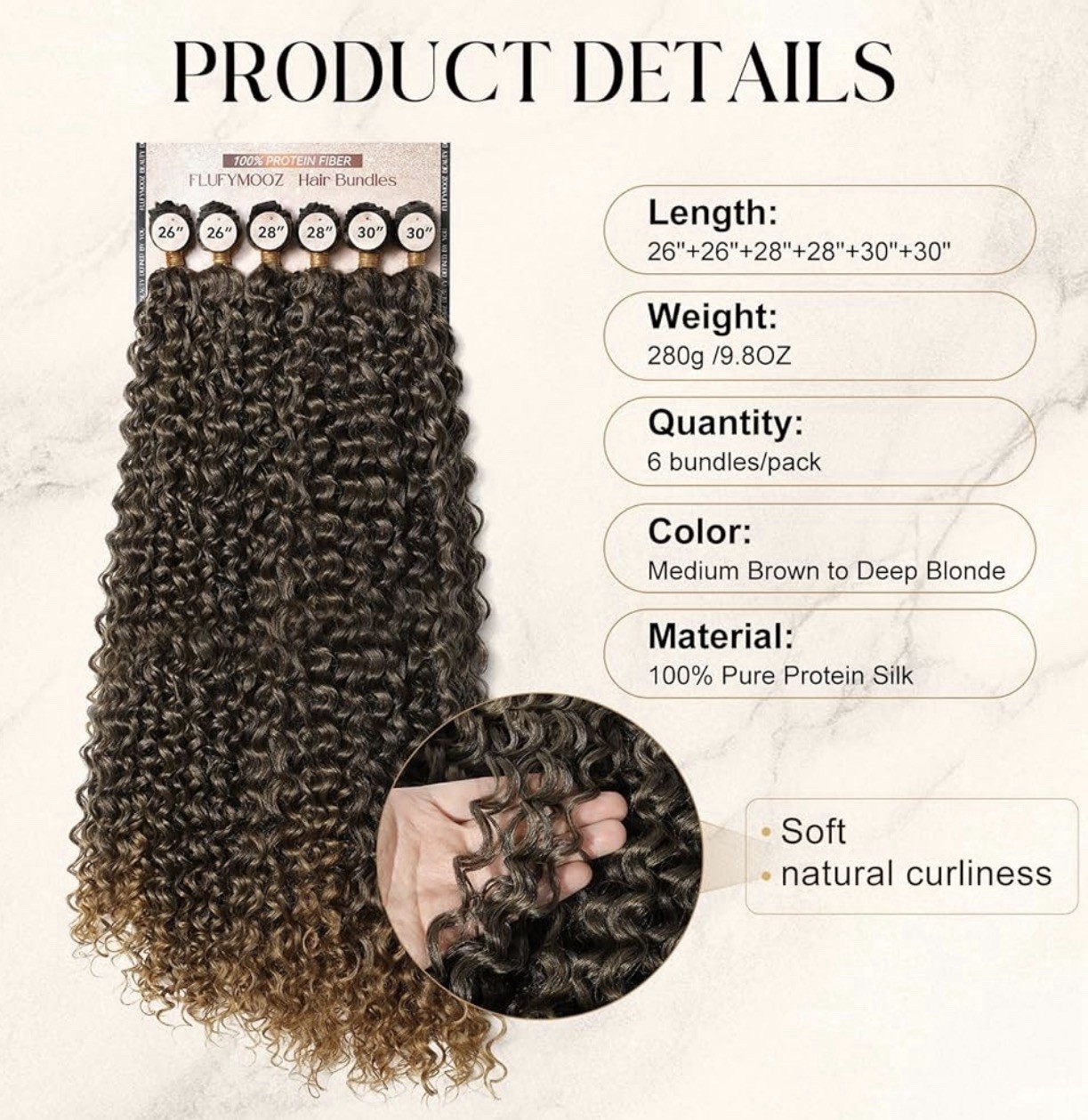 Curly Hair Bundles, 6PC 100％ Pure Protein Silk Kinky Weave Hair Bundles 26 28 30