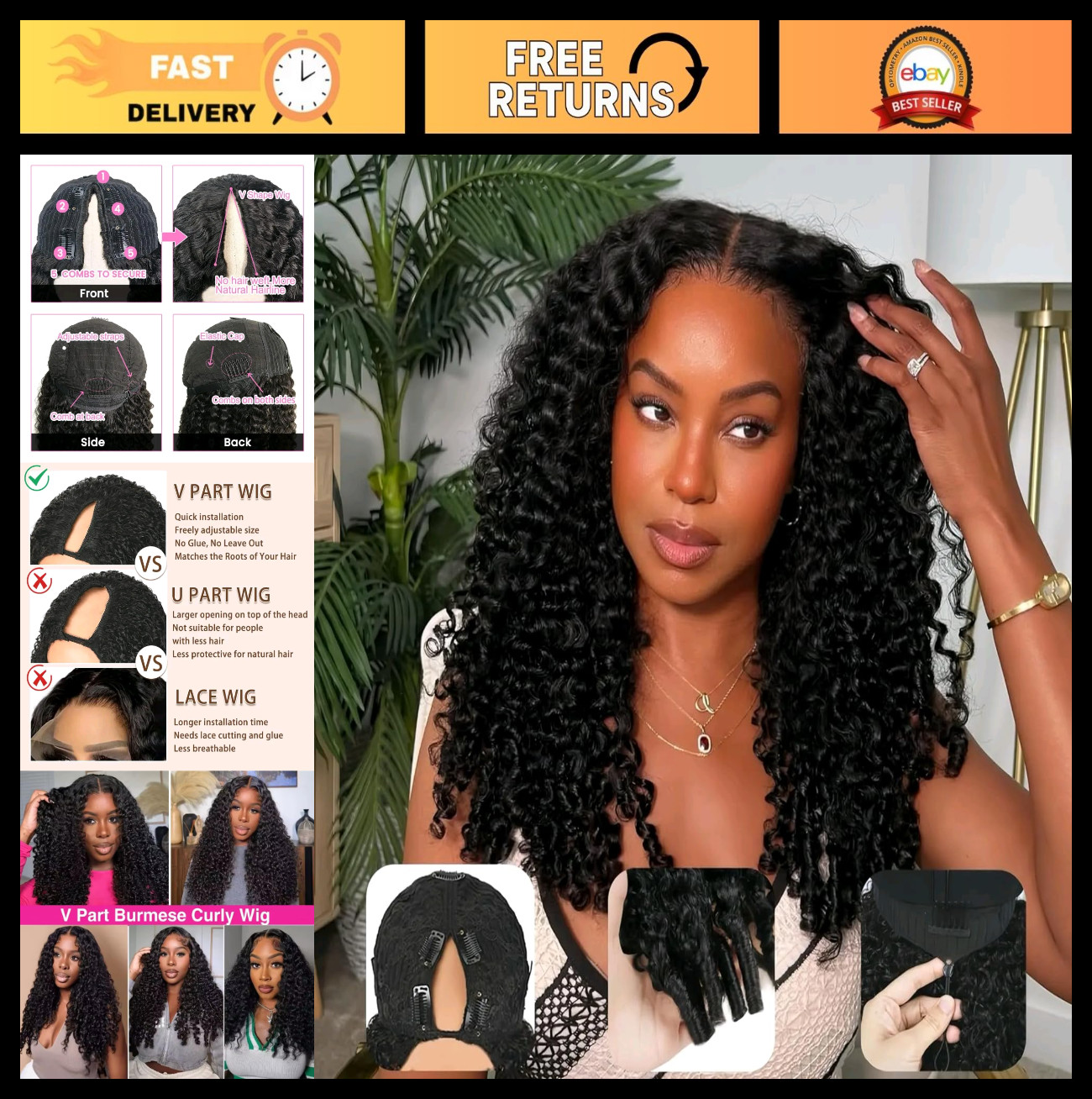 18″ Curly V Part Wig Human Hair, 200% Density, Glueless Clip-In, Natural Color