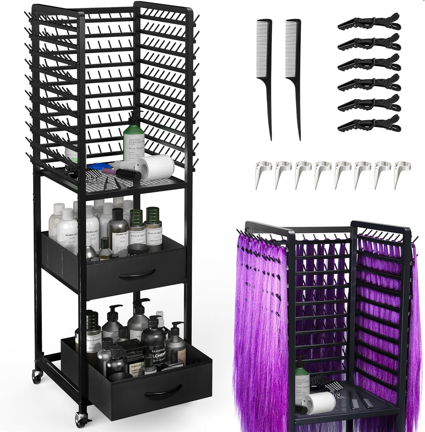 300 Pegs Braiding Rack with Large Drawers, 3-Sided Hair Rack with Wheels and 16
