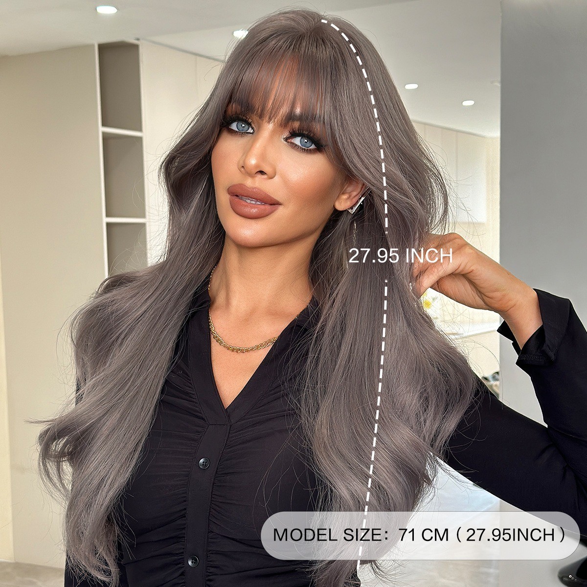 Grayish-purple long wavy hair with fringe-style bangs artificial hair natural