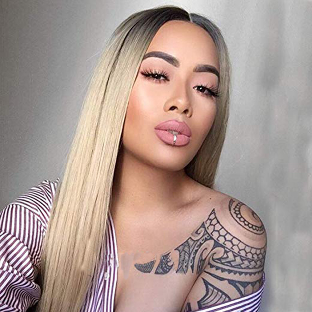 Full Machine Made Long Straight Blonde Wig Black Roots Middle Parting Cheap Wigs