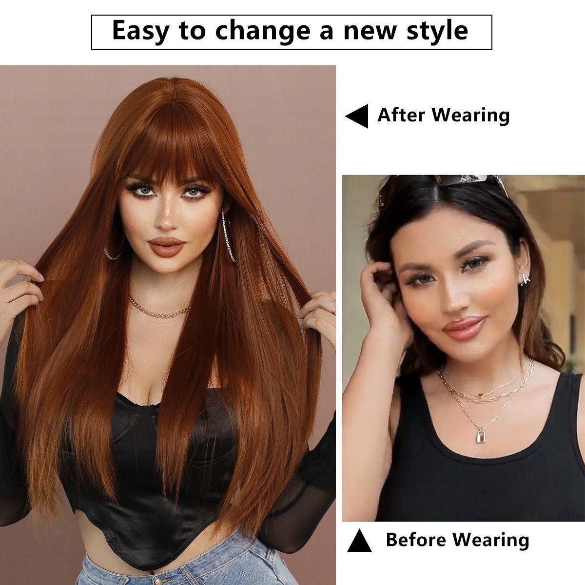 Long Straight Ginger Wig with Bangs for Women Synthetic Hair