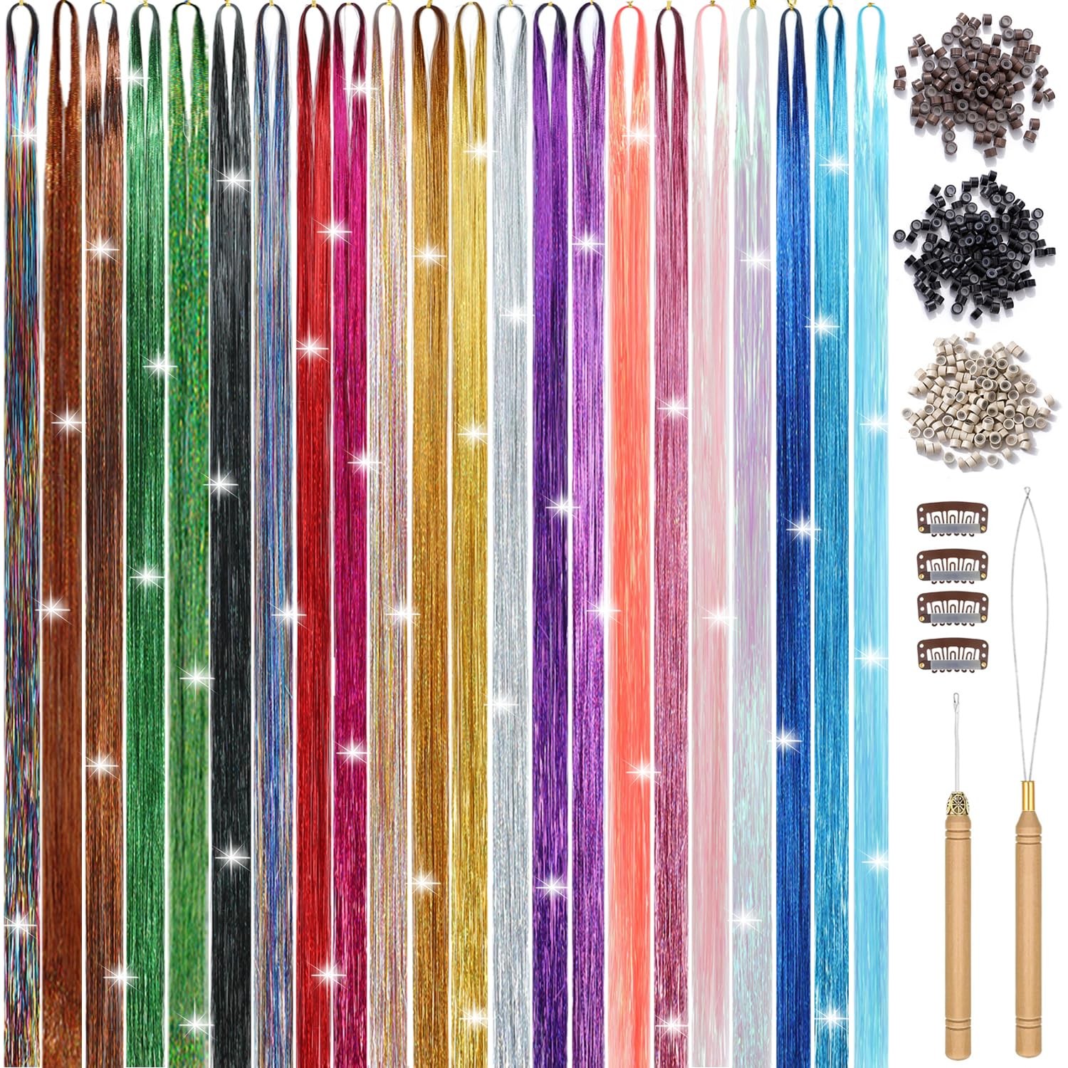 22 Colors Hair Tinsel Kit, 7800 Strands 48 Inch Glitter Tinsel Hair Extension…