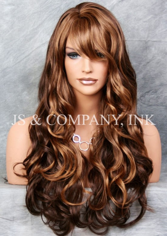 STRIKING! Long Wavy Curly bangs Brown Auburn blonde mix Layered Wig win 27-4-30