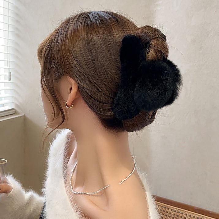 YOYLMAL Large Faux Fur Hair Claw Clip for Women, 1 Count (Pack of 1), Black