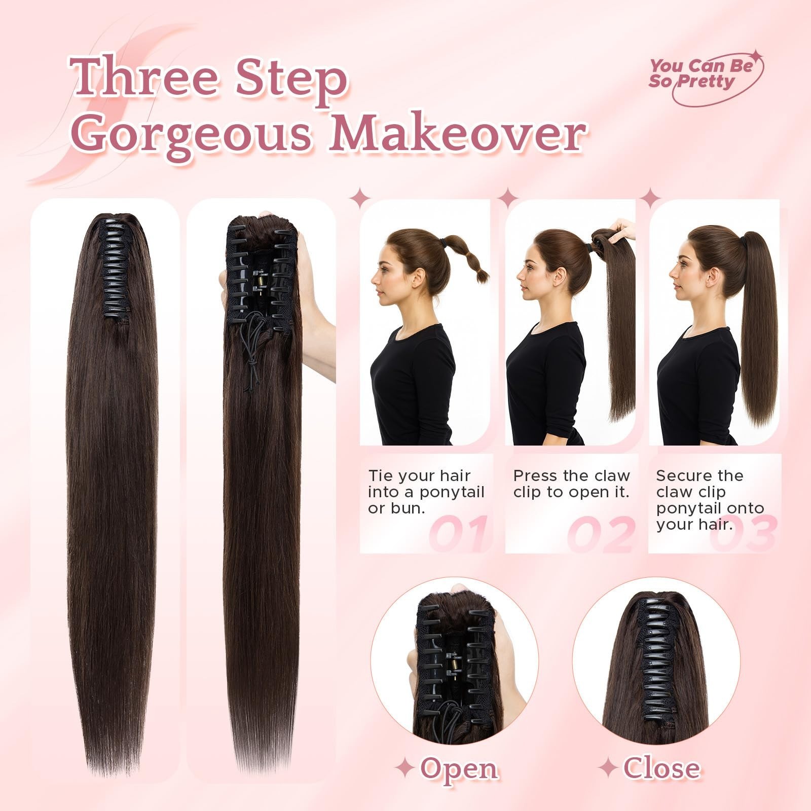 Human Hair Claw Clip Ponytail Extension 22″ 120g Dark Brown Clip-In for Women