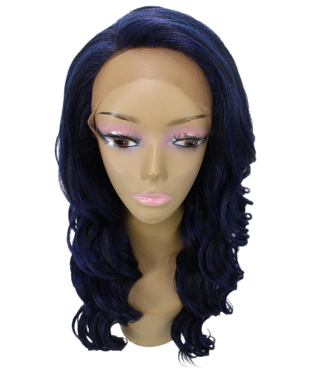 LUXLUXE Lucinda Wavy 23″ Long 4X4 Hand-Tied Lace Front Wig,Blue and Black Blend