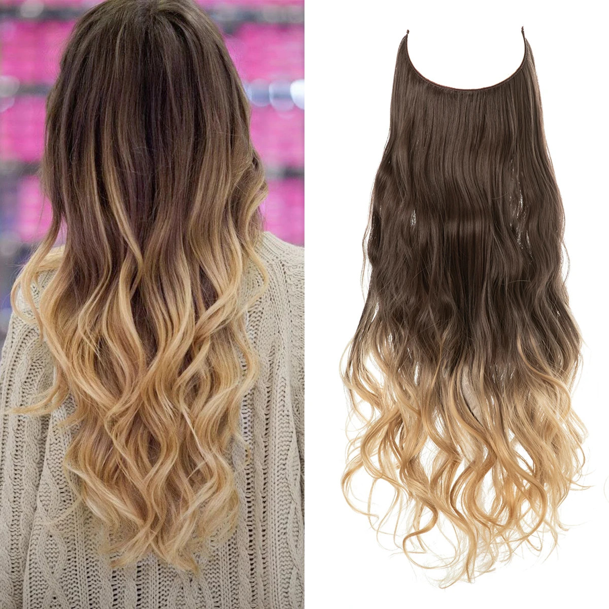 Synthetic No Clips Hair Extension Ombre Black Blonde Pink Long Wave