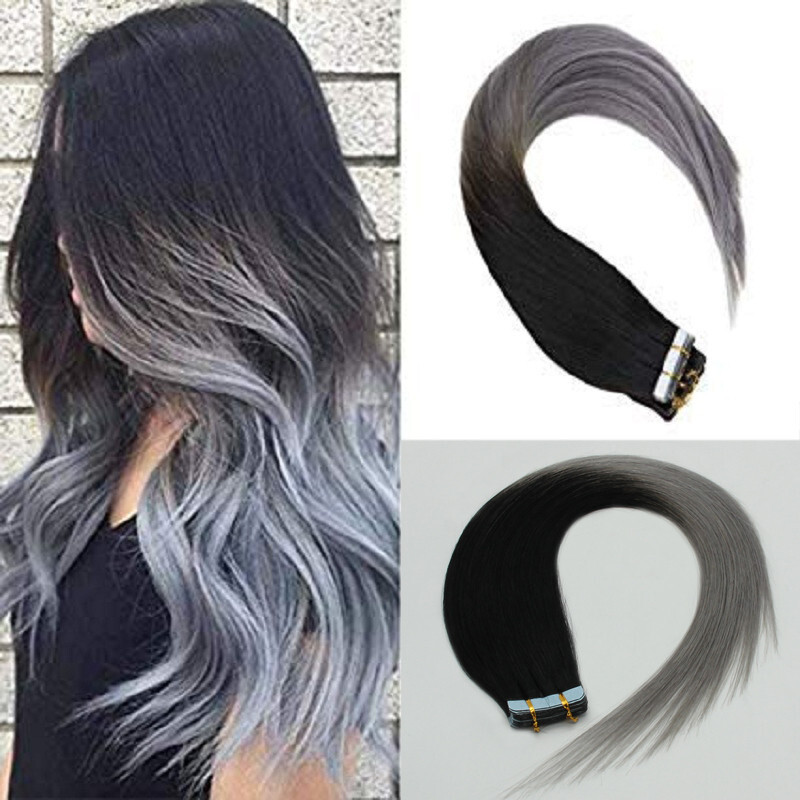 Tape in Human Hair Extensions Skin Wefts Remy Hair Ombre Black to Silver Gray