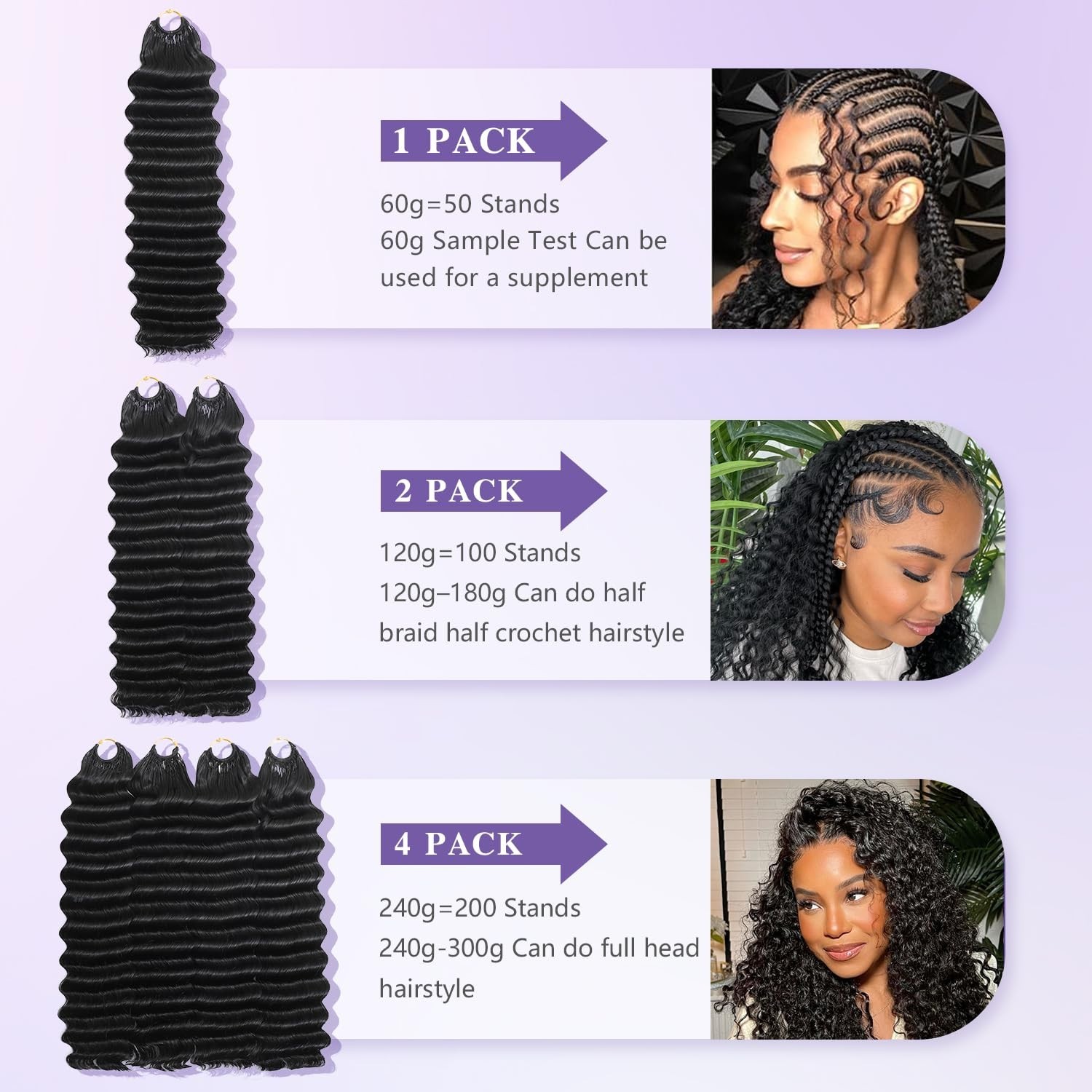 14″ Human Hair Deep Wave Knotless Pre-Separated Crochet Hair Extensions 120g