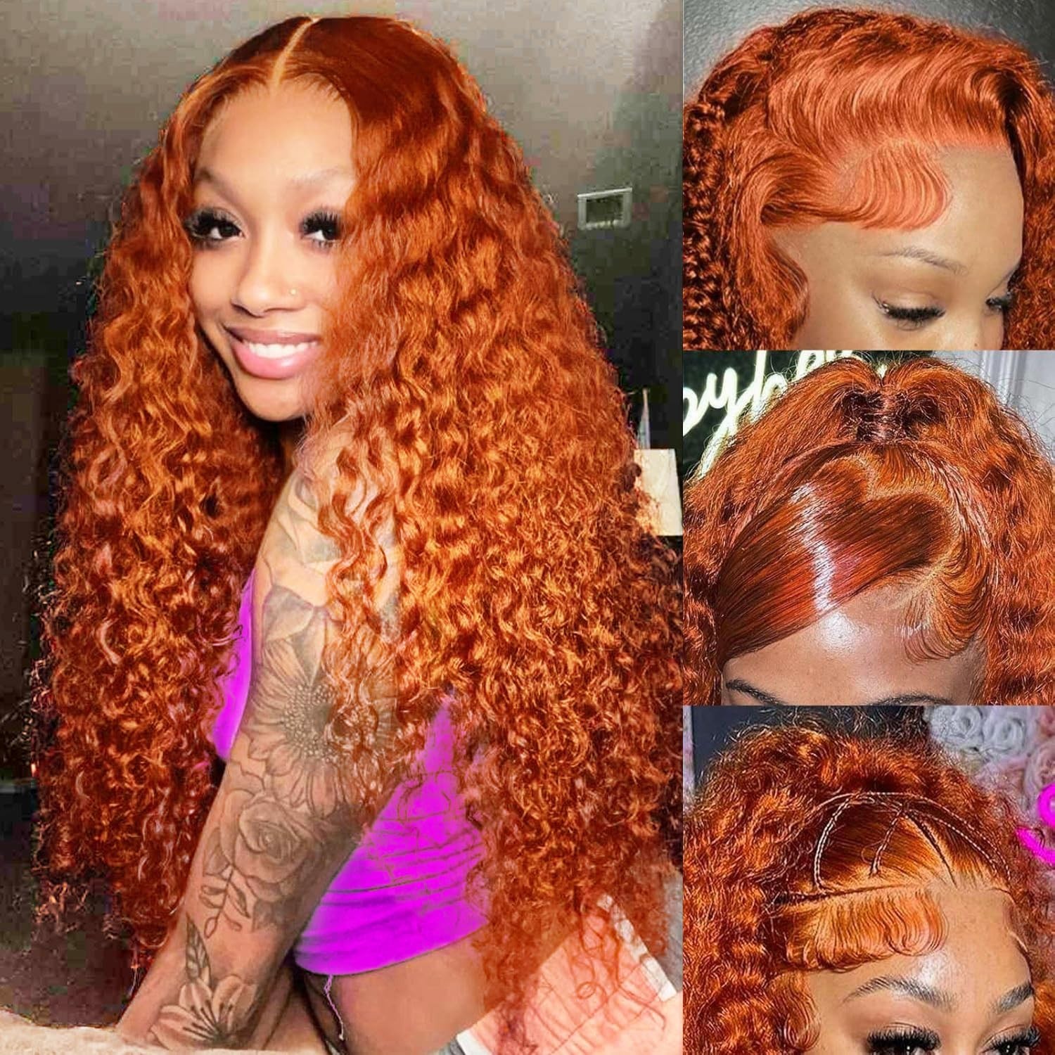 26″ Ginger Orange Deep Wave Lace Front Wig, 13×4 HD Transparent, 180% Density, C