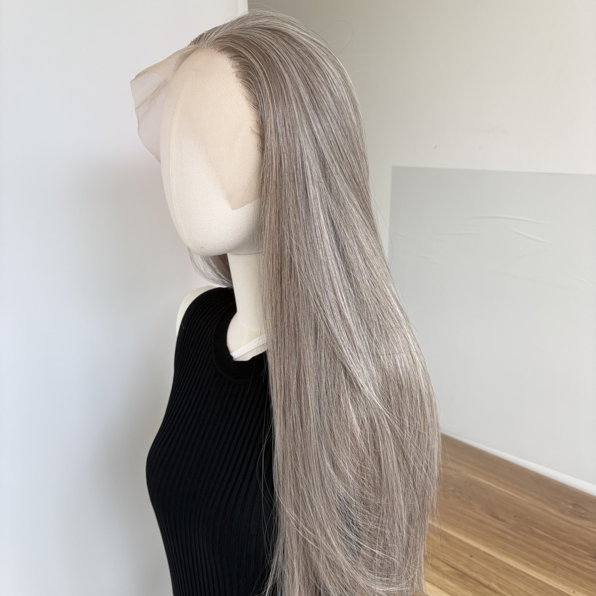 Long Straight Frontal Lace Wig Synthetic Hair Heat Resistant Natural Mix Grey