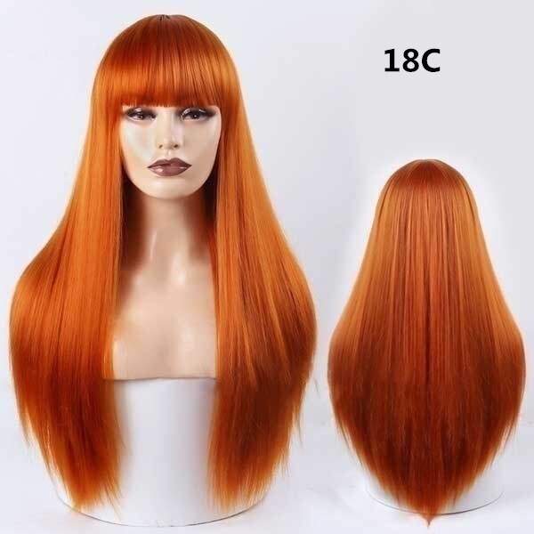 Long Synthetic Half Black Green / Yellow Blue / Orange Straight Wig with Bangs