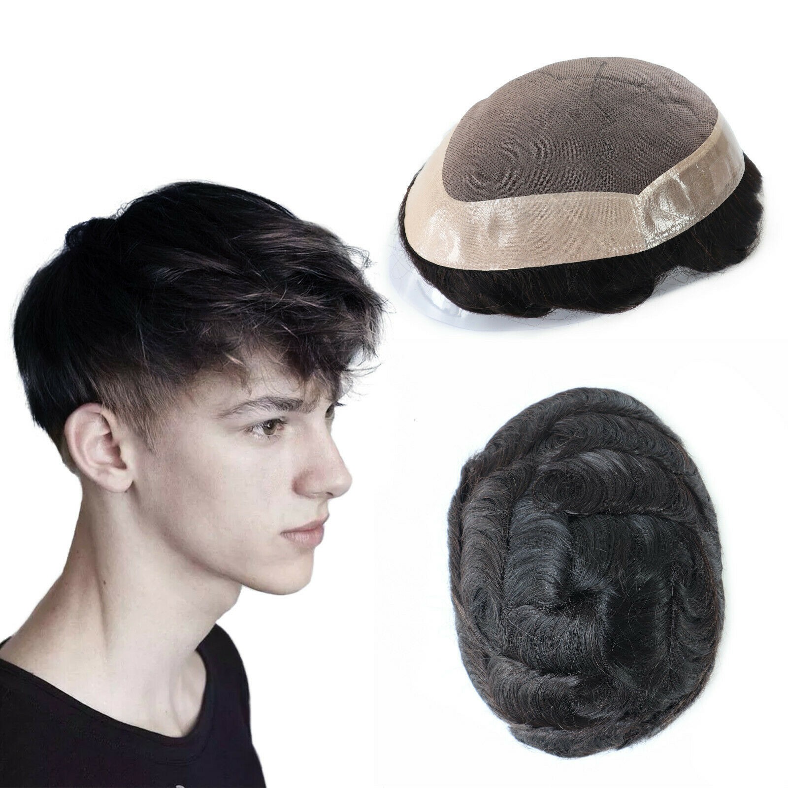 Mens Human Hair Replacement System Hairpiece Fine Mono Poly Skin Toupee